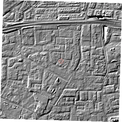 Shaded relief map of the ground around E161PF, computed from Environment Agency LiDAR. The ground here sits at about 2 m above sea level and falls 10 m across the surrounding 800 m. The ground contributing surface water to this point lies to the south-south-east.