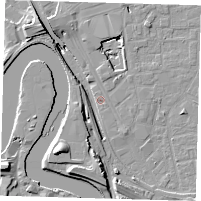 Shaded relief map of the ground around E161PG, computed from Environment Agency LiDAR. The ground here sits at about 2 m above sea level and falls 20 m across the surrounding 800 m. Surface water reaching this point runs off ground lying to the south-west, 10.1 m higher.