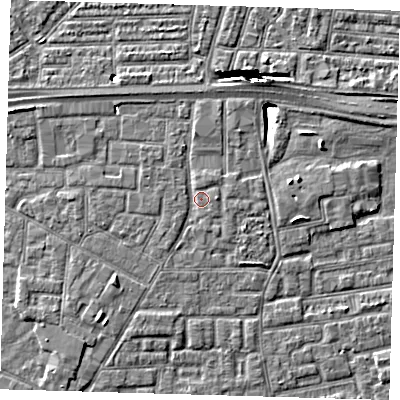Shaded relief map of the ground around E161PH, computed from Environment Agency LiDAR. The ground here sits at about 2 m above sea level and falls 10 m across the surrounding 800 m. Surface water reaching this point runs off ground lying to the east, 1.2 m higher.