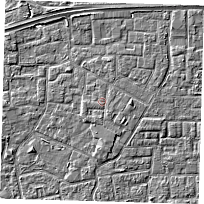 Shaded relief map of the ground around E161PJ, computed from Environment Agency LiDAR. The ground here sits at about 2 m above sea level and falls 5 m across the surrounding 800 m. Surface water reaching this point runs off ground lying to the south, 0.9 m higher.