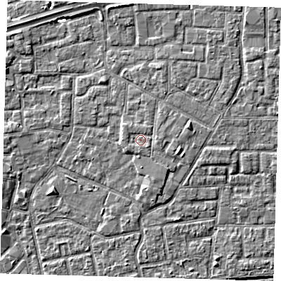 Shaded relief map of the ground around E161PL, computed from Environment Agency LiDAR. The ground here sits at about 2 m above sea level and falls 6 m across the surrounding 800 m. Surface water reaching this point runs off ground lying to the south-east, 0.8 m higher.