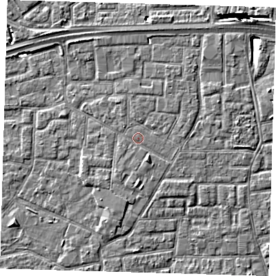 Shaded relief map of the ground around E161PP, computed from Environment Agency LiDAR. The ground here sits at about 2 m above sea level and falls 10 m across the surrounding 800 m. Surface water reaching this point runs off ground lying to the south-south-east, 1.4 m higher.