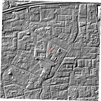 Shaded relief map of the ground around E161PQ, computed from Environment Agency LiDAR. The ground here sits at about 2 m above sea level and falls 8 m across the surrounding 800 m. The ground contributing surface water to this point lies to the east-south-east.