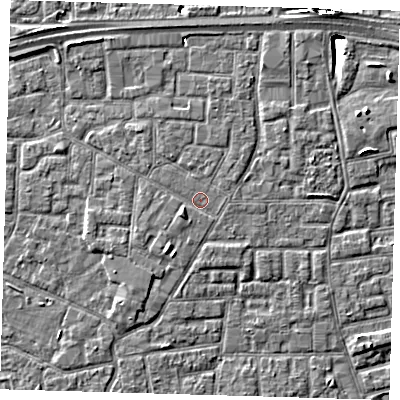 Shaded relief map of the ground around E161PR, computed from Environment Agency LiDAR. The ground here sits at about 2 m above sea level and falls 10 m across the surrounding 800 m. Surface water reaching this point runs off ground lying to the south-west, 1.4 m higher.