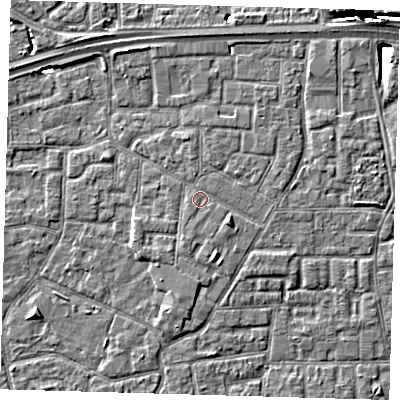 Shaded relief map of the ground around E161PS, computed from Environment Agency LiDAR. The ground here sits at about 2 m above sea level and falls 10 m across the surrounding 800 m. Surface water reaching this point runs off ground lying to the south-east, 1.4 m higher.