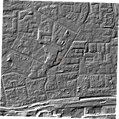 Shaded relief map of the ground around E161PT, computed from Environment Agency LiDAR. The ground here sits at about 2 m above sea level and falls 11 m across the surrounding 800 m. Surface water reaching this point runs off ground lying to the north-north-east, 1.8 m higher.