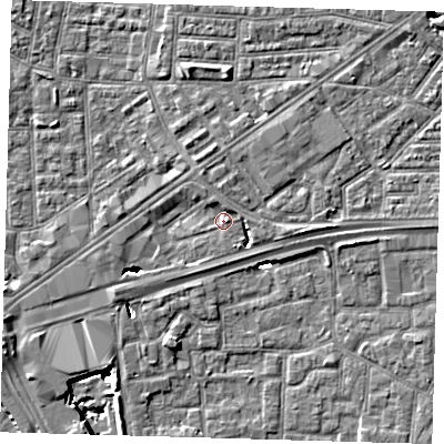 Shaded relief map of the ground around E161PU, computed from Environment Agency LiDAR. The ground here sits at about 1 m above sea level and falls 9 m across the surrounding 800 m. Surface water reaching this point runs off ground lying to the west-south-west, 6.0 m higher.