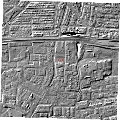 Shaded relief map of the ground around E161PW, computed from Environment Agency LiDAR. The ground here sits at about 2 m above sea level and falls 10 m across the surrounding 800 m. Surface water reaching this point runs off ground lying to the south, 0.8 m higher.