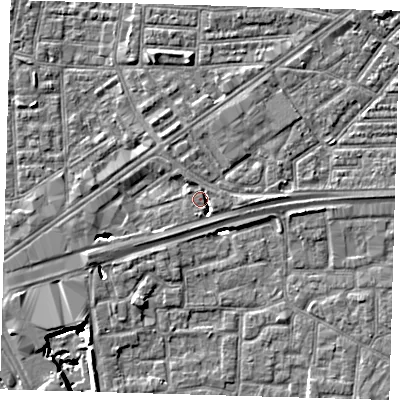 Shaded relief map of the ground around E161PY, computed from Environment Agency LiDAR. The ground here sits at about 1 m above sea level and falls 8 m across the surrounding 800 m. Surface water reaching this point runs off ground lying to the south-west, 5.6 m higher.