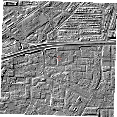 Shaded relief map of the ground around E161PZ, computed from Environment Agency LiDAR. The ground here sits at about 2 m above sea level and falls 6 m across the surrounding 800 m. Surface water reaching this point runs off ground lying to the north-north-west, 1.4 m higher.