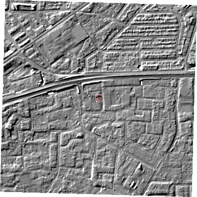 Shaded relief map of the ground around E161QA, computed from Environment Agency LiDAR. The ground here sits at about 1 m above sea level and falls 5 m across the surrounding 800 m. Surface water reaching this point runs off ground lying to the north, 1.4 m higher.