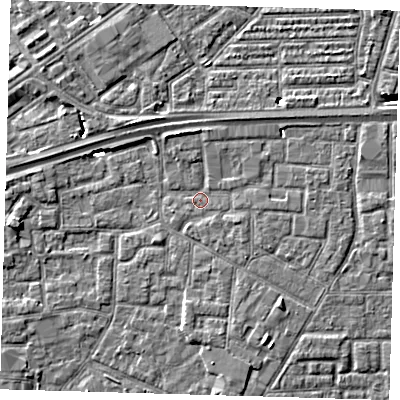 Shaded relief map of the ground around E161QB, computed from Environment Agency LiDAR. The ground here sits at about 1 m above sea level and falls 5 m across the surrounding 800 m. Surface water reaching this point runs off ground lying to the north-north-west, 3.3 m higher.