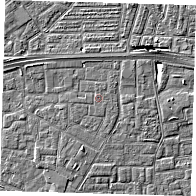 Shaded relief map of the ground around E161QG, computed from Environment Agency LiDAR. The ground here sits at about 2 m above sea level and falls 10 m across the surrounding 800 m. Surface water reaching this point runs off ground lying to the south-south-east, 0.5 m higher.