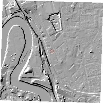 Shaded relief map of the ground around E161QH, computed from Environment Agency LiDAR. The ground here sits at about 2 m above sea level and falls 20 m across the surrounding 800 m. Surface water reaching this point runs off ground lying to the south-east, 1.4 m higher.