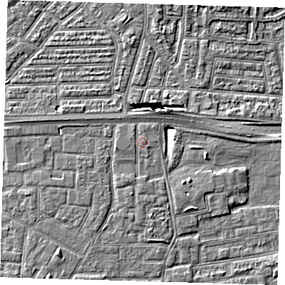 Shaded relief map of the ground around E161QJ, computed from Environment Agency LiDAR. The ground here sits at about 2 m above sea level and falls 10 m across the surrounding 800 m. The ground contributing surface water to this point lies to the north.