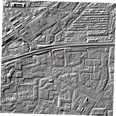 Shaded relief map of the ground around E161QL, computed from Environment Agency LiDAR. The ground here sits at about 2 m above sea level and falls 5 m across the surrounding 800 m. Surface water reaching this point runs off ground lying to the north, 1.9 m higher.