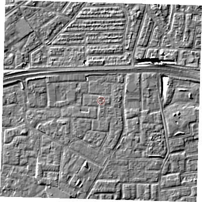 Shaded relief map of the ground around E161QQ, computed from Environment Agency LiDAR. The ground here sits at about 2 m above sea level and falls 10 m across the surrounding 800 m. Surface water reaching this point runs off ground lying to the east-south-east, 1.2 m higher.