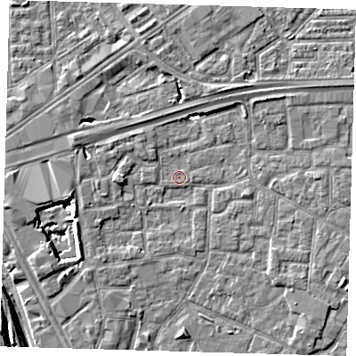 Shaded relief map of the ground around E161QR, computed from Environment Agency LiDAR. The ground here sits at about 1 m above sea level and falls 11 m across the surrounding 800 m. Surface water reaching this point runs off ground lying to the west, 2.1 m higher.
