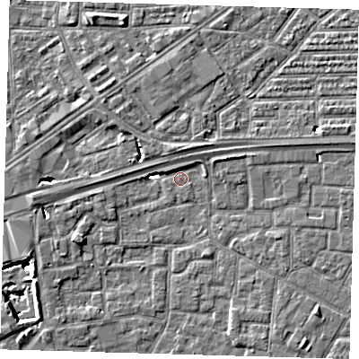 Shaded relief map of the ground around E161QS, computed from Environment Agency LiDAR. The ground here sits at about 1 m above sea level and falls 8 m across the surrounding 800 m. Surface water reaching this point runs off ground lying to the north, 5.0 m higher.
