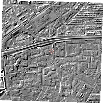Shaded relief map of the ground around E161QT, computed from Environment Agency LiDAR. The ground here sits at about 1 m above sea level and falls 8 m across the surrounding 800 m. Surface water reaching this point runs off ground lying to the north-north-west, 5.0 m higher.