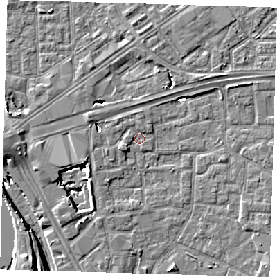 Shaded relief map of the ground around E161QU, computed from Environment Agency LiDAR. The ground here sits at about 1 m above sea level and falls 13 m across the surrounding 800 m. Surface water reaching this point runs off ground lying to the west-south-west, 1.6 m higher.