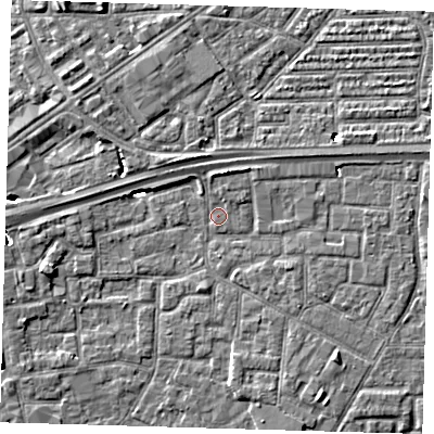 Shaded relief map of the ground around E161QW, computed from Environment Agency LiDAR. The ground here sits at about 1 m above sea level and falls 5 m across the surrounding 800 m. Surface water reaching this point runs off ground lying to the north, 5.2 m higher.