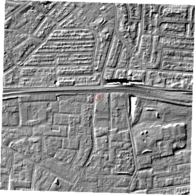 Shaded relief map of the ground around E161QX, computed from Environment Agency LiDAR. The ground here sits at about 2 m above sea level and falls 10 m across the surrounding 800 m. The ground contributing surface water to this point lies to the south-east.