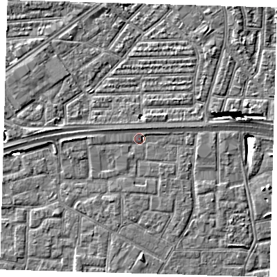 Shaded relief map of the ground around E161RA, computed from Environment Agency LiDAR. The ground here sits at about 2 m above sea level and falls 10 m across the surrounding 800 m. Surface water reaching this point runs off ground lying to the west, 3.3 m higher.