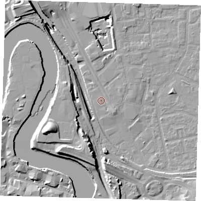 Shaded relief map of the ground around E161RB, computed from Environment Agency LiDAR. The ground here sits at about 2 m above sea level and falls 20 m across the surrounding 800 m. Surface water reaching this point runs off ground lying to the south-east, 1.4 m higher.