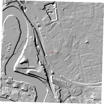 Shaded relief map of the ground around E161RD, computed from Environment Agency LiDAR. The ground here sits at about 2 m above sea level and falls 20 m across the surrounding 800 m. Surface water reaching this point runs off ground lying to the east, 1.4 m higher.