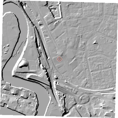 Shaded relief map of the ground around E161RE, computed from Environment Agency LiDAR. The ground here sits at about 2 m above sea level and falls 20 m across the surrounding 800 m. Surface water reaching this point runs off ground lying to the north-north-east, 1.9 m higher.