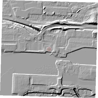 Shaded relief map of the ground around E161RH, computed from Environment Agency LiDAR. The ground here sits at about 5 m above sea level and falls 14 m across the surrounding 800 m. Surface water reaching this point runs off ground lying to the east-south-east, 1.6 m higher.
