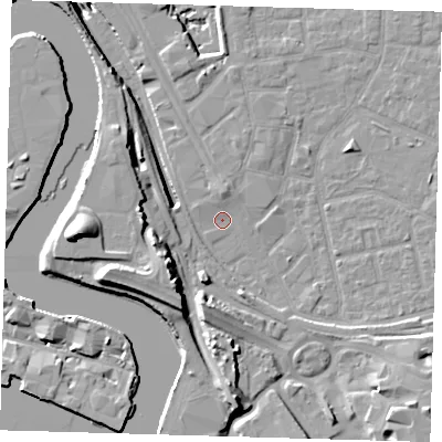 Shaded relief map of the ground around E161RL, computed from Environment Agency LiDAR. The ground here sits at about 1 m above sea level and falls 20 m across the surrounding 800 m. Surface water reaching this point runs off ground lying to the north, 2.0 m higher.