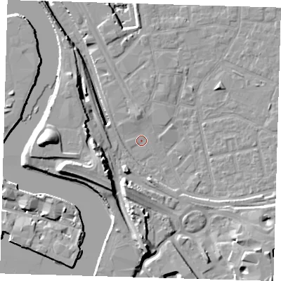 Shaded relief map of the ground around E161RN, computed from Environment Agency LiDAR. The ground here sits at about 1 m above sea level and falls 19 m across the surrounding 800 m. Surface water reaching this point runs off ground lying to the south-south-west, 4.2 m higher.