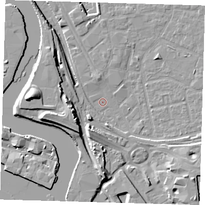 Shaded relief map of the ground around E161RR, computed from Environment Agency LiDAR. The ground here sits at about 1 m above sea level and falls 18 m across the surrounding 800 m. Surface water reaching this point runs off ground lying to the south-west, 4.2 m higher.