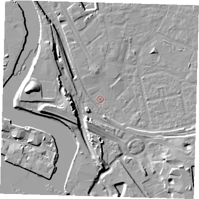 Shaded relief map of the ground around E161RS, computed from Environment Agency LiDAR. The ground here sits at about 1 m above sea level and falls 18 m across the surrounding 800 m. Surface water reaching this point runs off ground lying to the south-west, 4.2 m higher.