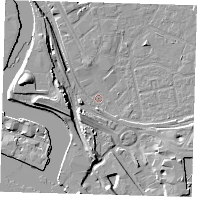 Shaded relief map of the ground around E161RT, computed from Environment Agency LiDAR. The ground here sits at about 1 m above sea level and falls 18 m across the surrounding 800 m. Surface water reaching this point runs off ground lying to the west-south-west, 4.2 m higher.