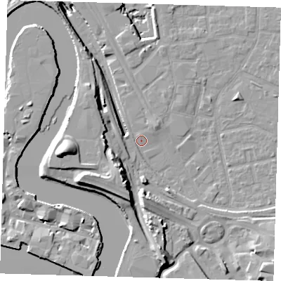 Shaded relief map of the ground around E161RW, computed from Environment Agency LiDAR. The ground here sits at about 2 m above sea level and falls 20 m across the surrounding 800 m. Surface water reaching this point runs off ground lying to the west, 2.4 m higher.