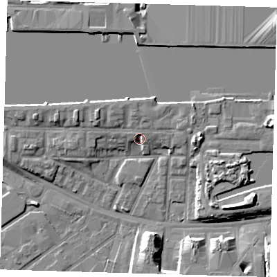 Shaded relief map of the ground around E161RZ, computed from Environment Agency LiDAR. The ground here sits at about 3 m above sea level and falls 9 m across the surrounding 800 m. Surface water reaching this point runs off ground lying to the north-north-west, 2.8 m higher.