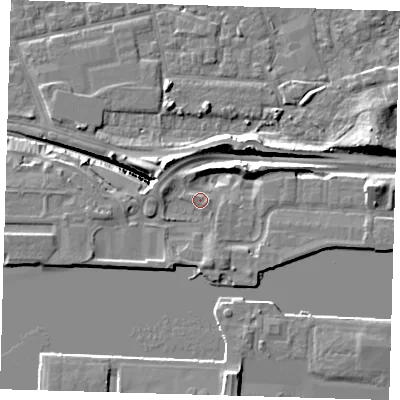 Shaded relief map of the ground around E161SJ, computed from Environment Agency LiDAR. The ground here sits at about 5 m above sea level and falls 13 m across the surrounding 800 m. Surface water reaching this point runs off ground lying to the south-south-east, 3.9 m higher.