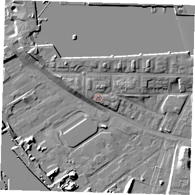 Shaded relief map of the ground around E161TH, computed from Environment Agency LiDAR. The ground here sits at about 5 m above sea level and falls 10 m across the surrounding 800 m. Surface water reaching this point runs off ground lying to the north-west, 1.7 m higher.