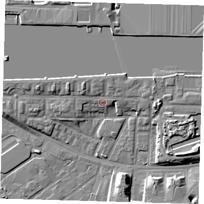 Shaded relief map of the ground around E161TP, computed from Environment Agency LiDAR. The ground here sits at about 4 m above sea level and falls 8 m across the surrounding 800 m. Surface water reaching this point runs off ground lying to the north-west, 3.3 m higher.