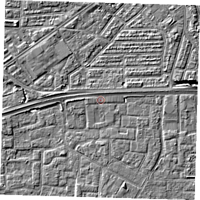 Shaded relief map of the ground around E161TQ, computed from Environment Agency LiDAR. The ground here sits at about 2 m above sea level and falls 10 m across the surrounding 800 m. Surface water reaching this point runs off ground lying to the west, 2.1 m higher.