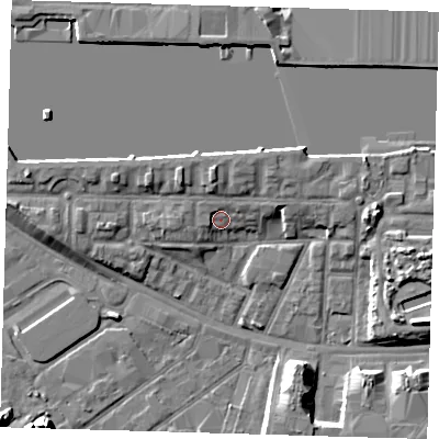Shaded relief map of the ground around E161TR, computed from Environment Agency LiDAR. The ground here sits at about 4 m above sea level and falls 10 m across the surrounding 800 m. Surface water reaching this point runs off ground lying to the north-west, 1.8 m higher.