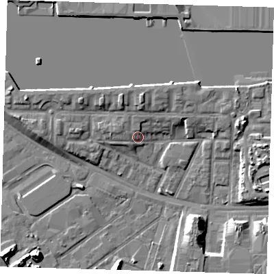 Shaded relief map of the ground around E161TU, computed from Environment Agency LiDAR. The ground here sits at about 4 m above sea level and falls 10 m across the surrounding 800 m. Surface water reaching this point runs off ground lying to the west-north-west, 2.6 m higher.