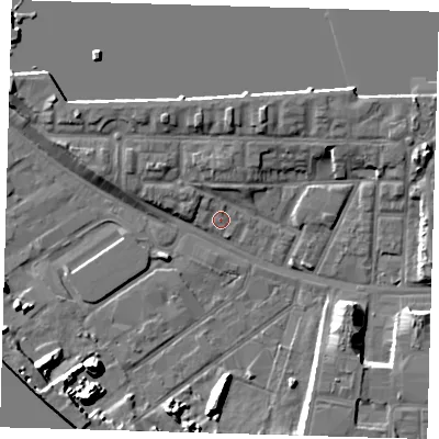 Shaded relief map of the ground around E161TX, computed from Environment Agency LiDAR. The ground here sits at about 2 m above sea level and falls 10 m across the surrounding 800 m. Surface water reaching this point runs off ground lying to the west-north-west, 2.0 m higher.