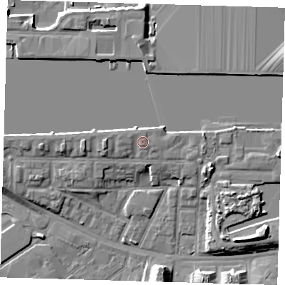 Shaded relief map of the ground around E161TZ, computed from Environment Agency LiDAR. The ground here sits at about 6 m above sea level and falls 11 m across the surrounding 800 m. Surface water reaching this point runs off ground lying to the north-north-west, 0.5 m higher.