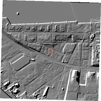 Shaded relief map of the ground around E161UA, computed from Environment Agency LiDAR. The ground here sits at about 2 m above sea level and falls 10 m across the surrounding 800 m. Surface water reaching this point runs off ground lying to the west-north-west, 4.8 m higher.