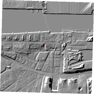 Shaded relief map of the ground around E161UB, computed from Environment Agency LiDAR. The ground here sits at about 4 m above sea level and falls 10 m across the surrounding 800 m. Surface water reaching this point runs off ground lying to the north-north-east, 3.3 m higher.