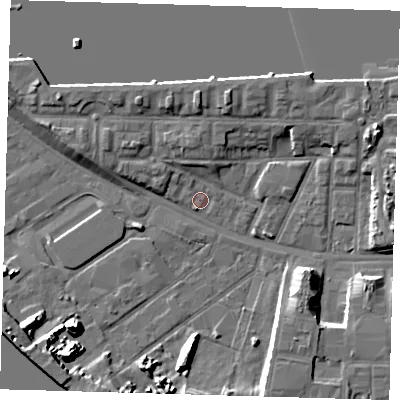 Shaded relief map of the ground around E161UD, computed from Environment Agency LiDAR. The ground here sits at about 2 m above sea level and falls 10 m across the surrounding 800 m. Surface water reaching this point runs off ground lying to the north-north-west, 1.0 m higher.